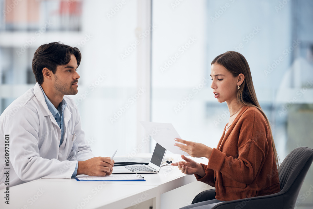 Document, doctor or frustrated patient with results, healthcare history or insurance contract. Bad news, report or Angry woman with prescription, checklist or paper on clipboard for a medical expert Document, doctor or frustrated patient with results, healthcare history or insurance contract. Bad news, report or Angry woman with prescription, checklist or paper on clipboard for a medical expert