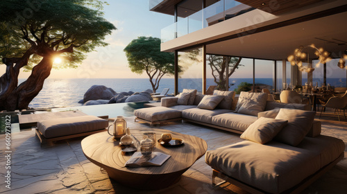 beach side luxury house interior with sea view.