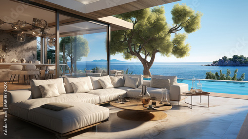 beach side luxury house interior with sea view. © PIX OF WORLD AI