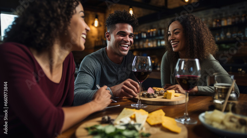 Group of friends tastes an assortment of cheeses with wine at a restaurant
