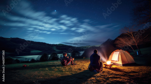 Friends campers looks up at the night sky and stars next to their tent in nature