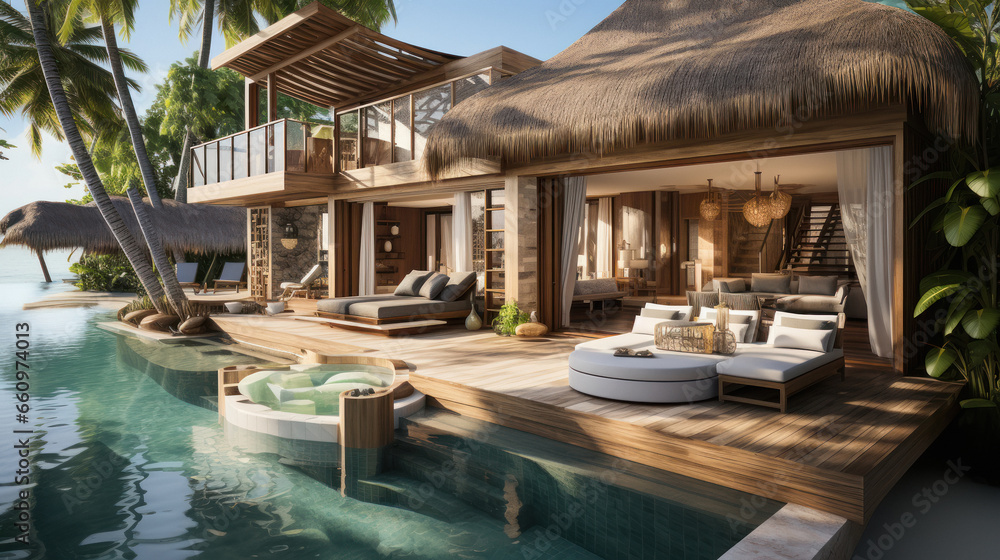 Beautiful luxurious wooden house or resort on the beach.