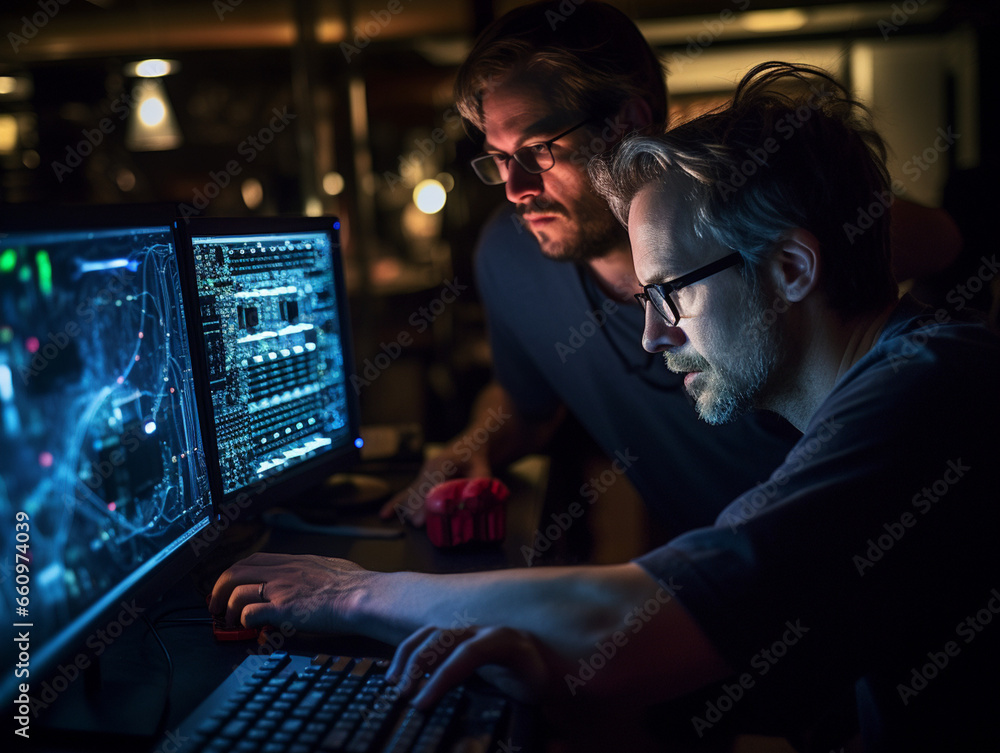 Intense Collaborative Effort: Two Software Engineers Debugging Complex Code on their Workstations, Profoundly Focused in a Dynamic Workspace Intense Collaborative Effort: Two Software Engineers Debugging Complex Code on their Workstations, Profoundly Focused in a Dynamic Workspace