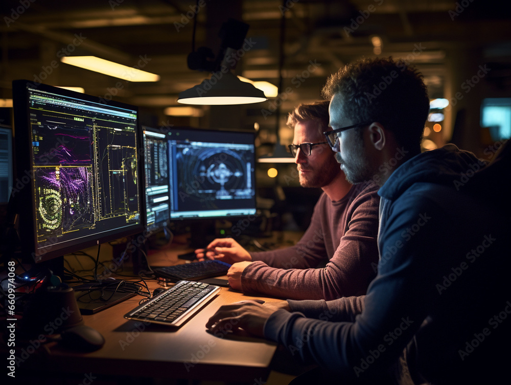 Intense Collaborative Effort: Two Software Engineers Debugging Complex Code on their Workstations, Profoundly Focused in a Dynamic Workspace