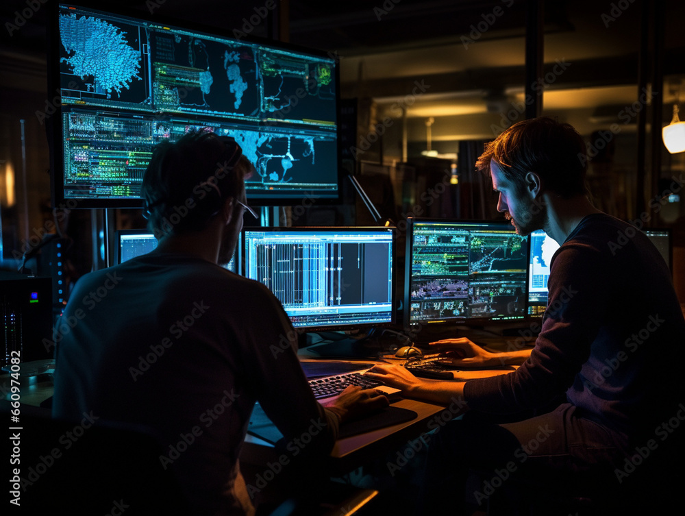 Intense Collaborative Effort: Two Software Engineers Debugging Complex Code on their Workstations, Profoundly Focused in a Dynamic Workspace Intense Collaborative Effort: Two Software Engineers Debugging Complex Code on their Workstations, Profoundly Focused in a Dynamic Workspace