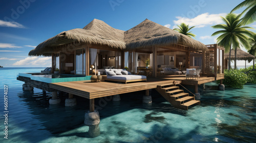 Beautiful luxurious wooden house or resort on the beach. © PIX OF WORLD AI