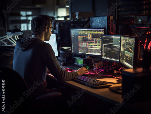 Intense Collaborative Effort: Two Software Engineers Debugging Complex Code on their Workstations, Profoundly Focused in a Dynamic Workspace