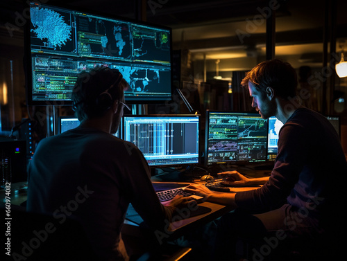 Intense Collaborative Effort: Two Software Engineers Debugging Complex Code on their Workstations, Profoundly Focused in a Dynamic Workspace