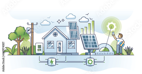 Solar power technology and innovation for effective energy outline concept. Smart panels system installation for precise sun angle vector illustration. Residential house with alternative electricity.
