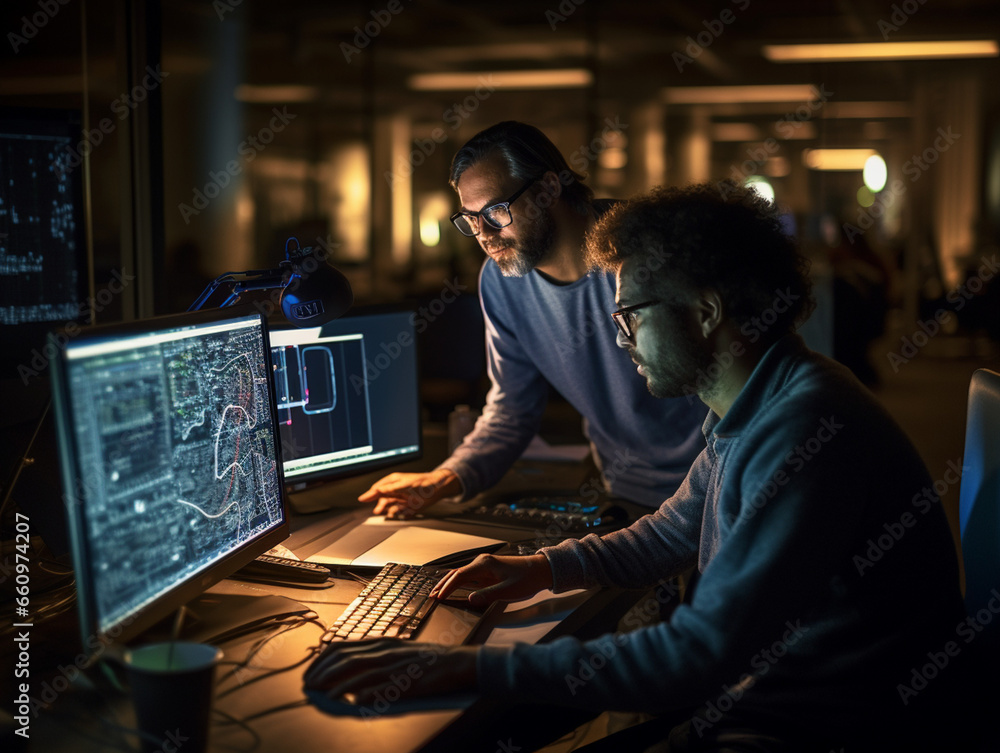 Intense Collaborative Effort: Two Software Engineers Debugging Complex Code on their Workstations, Profoundly Focused in a Dynamic Workspace Intense Collaborative Effort: Two Software Engineers Debugging Complex Code on their Workstations, Profoundly Focused in a Dynamic Workspace