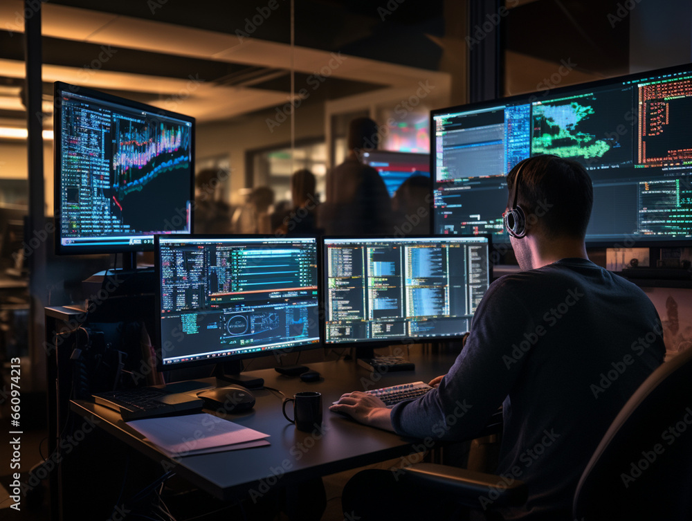 Intense Collaborative Effort: Two Software Engineers Debugging Complex Code on their Workstations, Profoundly Focused in a Dynamic Workspace Intense Collaborative Effort: Two Software Engineers Debugging Complex Code on their Workstations, Profoundly Focused in a Dynamic Workspace