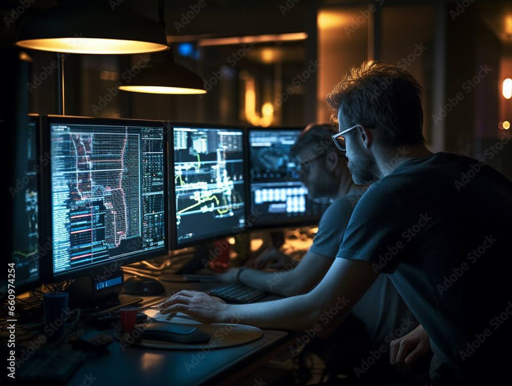 Intense Collaborative Effort: Two Software Engineers Debugging Complex Code on their Workstations, Profoundly Focused in a Dynamic Workspace Intense Collaborative Effort: Two Software Engineers Debugging Complex Code on their Workstations, Profoundly Focused in a Dynamic Workspace