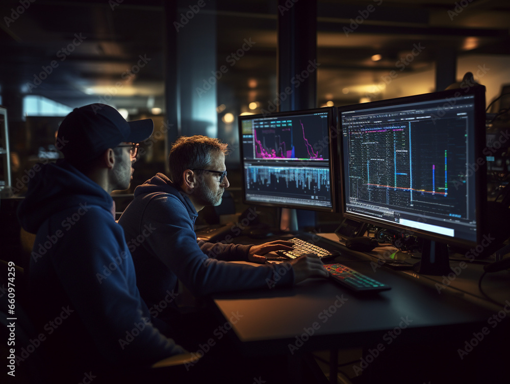 Intense Collaborative Effort: Two Software Engineers Debugging Complex Code on their Workstations, Profoundly Focused in a Dynamic Workspace Intense Collaborative Effort: Two Software Engineers Debugging Complex Code on their Workstations, Profoundly Focused in a Dynamic Workspace