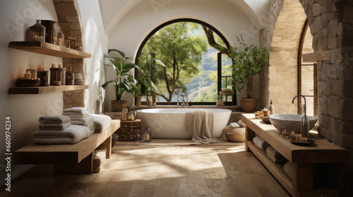 Luxurious home interior with bathtub.