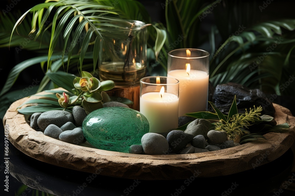 Minimalist spa arrangement featuring candles and stones on a light grey background, evoking tranquility, Generative AI