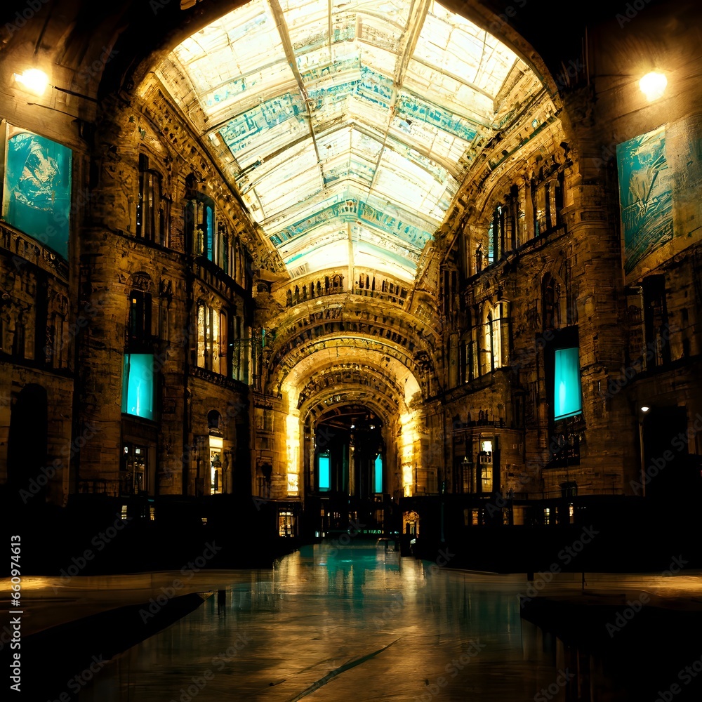 Huge nonexistent natural history museum indoor night lighting unattended black and brown teal 
