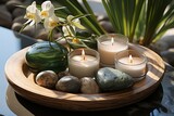 Minimalist spa arrangement featuring candles and stones on a light grey background, evoking tranquility, Generative AI