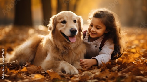 Young child bonding with pet dog. Kids joy and dogs loyalty for happy childhood and true friendship between a pet and its owner. Activities with golden retriever as true loyal family dog.