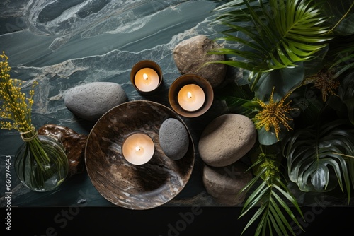 Minimalist spa arrangement featuring candles and stones on a light grey background  evoking tranquility  Generative AI