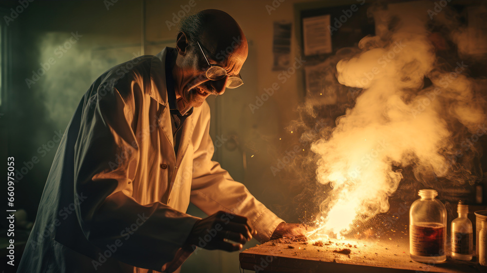 doctor, realistic, smoke, fire, Old scientist working in a laboratory. He is making a fire.