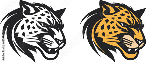 Black leopard, panther head - vector cut out silhouette logotype on white background for sports photo