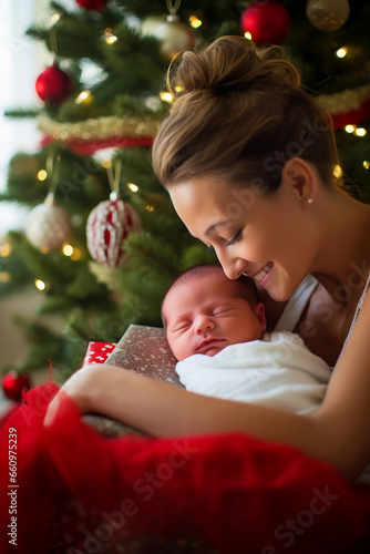 Mother and baby wearing Christmas clothes with the christmas tree new year lights background.