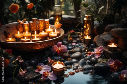 Peaceful spa oasis adorned with candles and stones, on a natural flower background, creating a minimalist and soothing ambiance, Generative AI