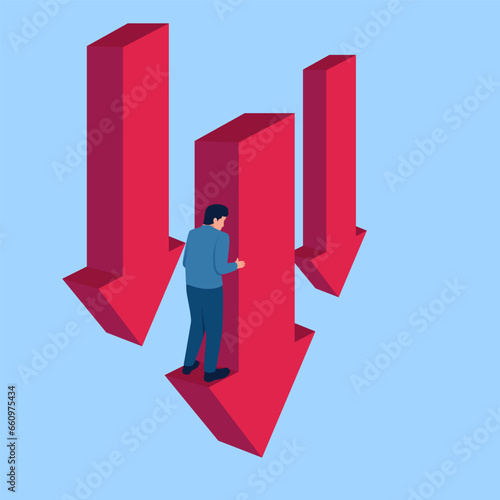 people stand in fear over a downward arrow, a metaphor for falling business profits