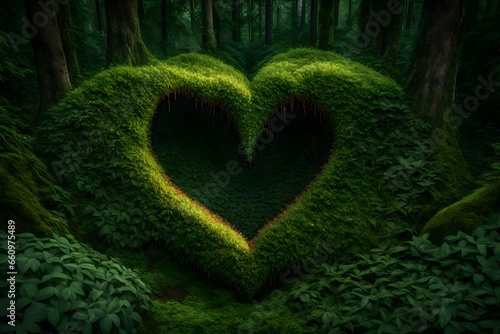 Generate an image of a heart-shaped opening in the dense foliage of a forest