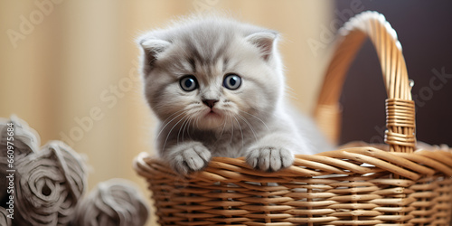 kitten in a basket, animal, kitten, cat, cute, white, small, funny, domestic, young, british, feline, generative AI
