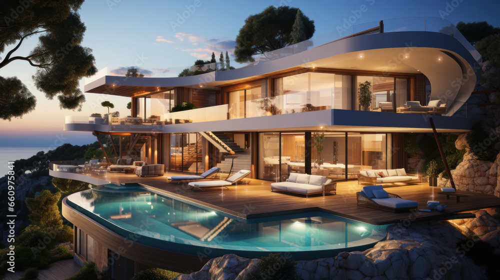 Fototapeta premium Luxurious villa with swimming pool by the sea.