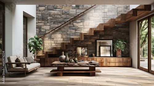 Living room interior with stairs.