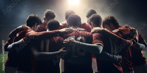 Soccer Players huddling in a circle on the field. Coach talking to a group of soccer players. Happy football team with their coach - Fictional character - Generative Ai © Impress Designers