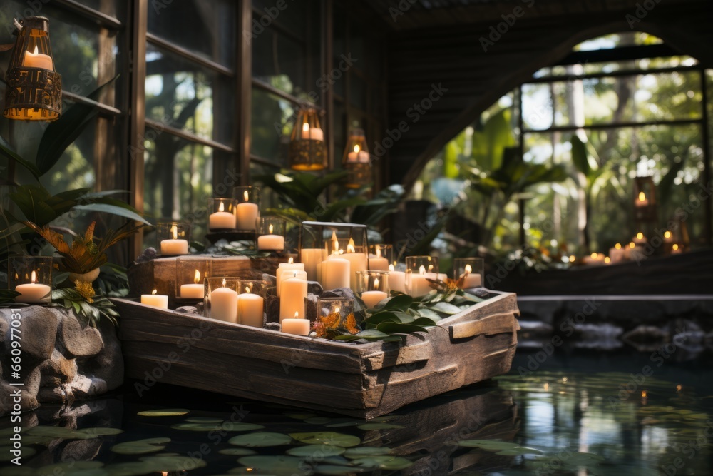 Tropical spa retreat with candles and stones, complemented by a background of natural flowers, enhancing the sense of tranquility, Generative AI Tropical spa retreat with candles and stones, complemented by a background of natural flowers, enhancing the sense of tranquility, Generative AI