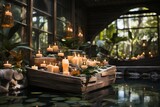 Tropical spa retreat with candles and stones, complemented by a background of natural flowers, enhancing the sense of tranquility, Generative AI