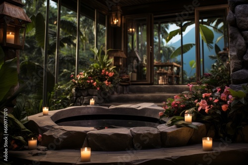 Tropical spa retreat with candles and stones  complemented by a background of natural flowers  enhancing the sense of tranquility  Generative AI