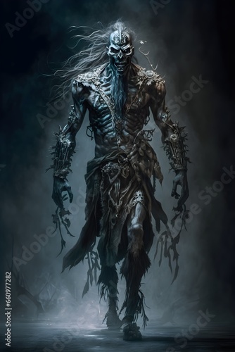 full body draugr an undead creature from the Scandinavian saga literature an folktales walking up to vikings cinevatic  photo