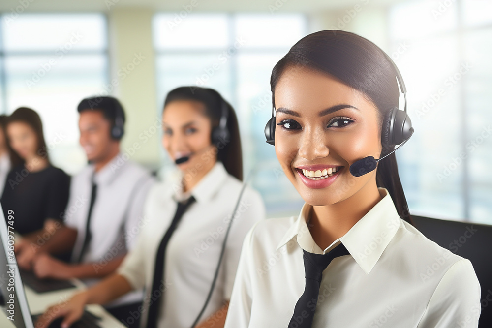 young woman working as a call center operator, wearing headphones with smile and good service young woman working as a call center operator, wearing headphones with smile and good service