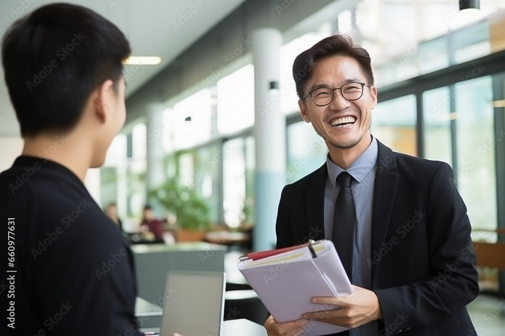 asian man having a business meeting and smiling asian man having a business meeting and smiling