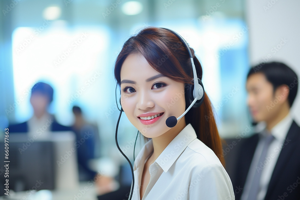 young woman working as a call center operator, wearing headphones with smile and good service young woman working as a call center operator, wearing headphones with smile and good service