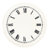 Real round 12-hour roman numeral clock face template on white background