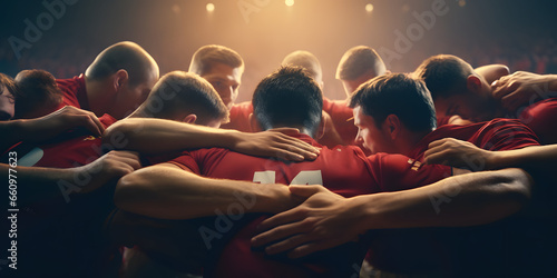 Soccer Players huddling in a circle on the field. Coach talking to a group of soccer players. Happy football team with their coach - Fictional character - Generative Ai   © Impress Designers