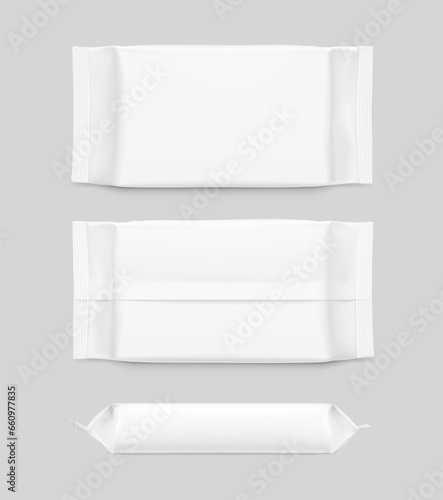 Hight realistic flow packaging mockup. Vector illustration isolated on grey background. Front, rear and side view. Can be use for your design, promo, adv and etc. EPS10.