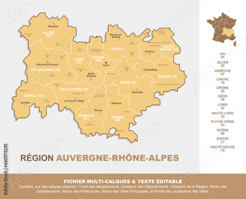 Carte de la région Auvergne-Rhône-Alpes, ses départements et ses villes