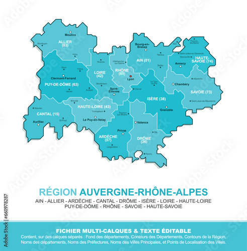 Carte de la région Auvergne-Rhône-Alpes, ses départements et ses villes © JeromeCronenberger