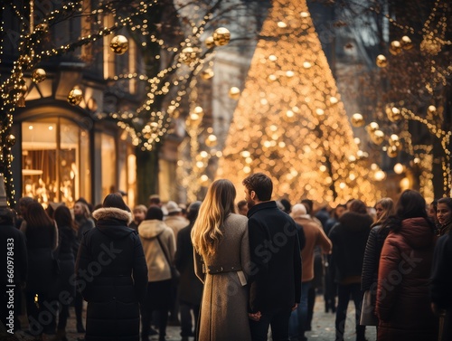 People in Christmas market near a decorated illuminated tree,