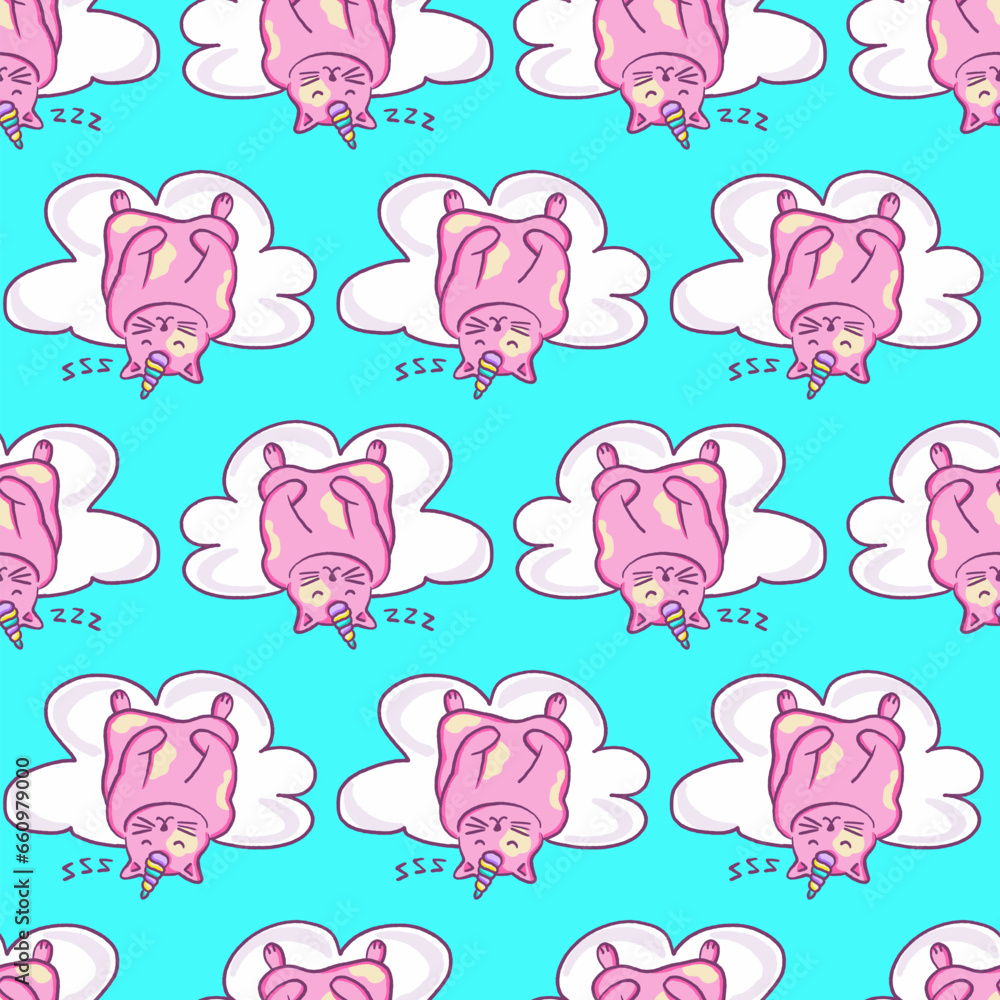Sleeping Unicorn Cat on Cloud Vector Seamless Pattern Sleeping Unicorn Cat on Cloud Vector Seamless Pattern