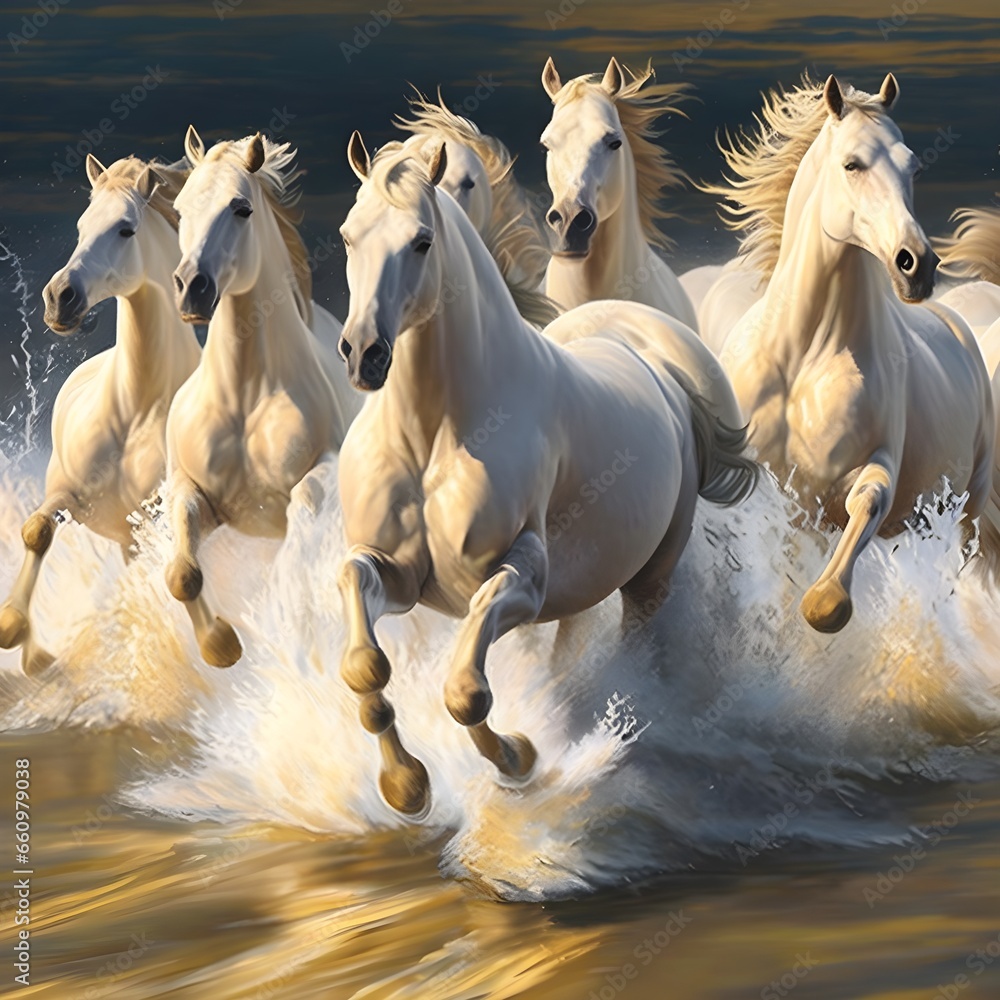 create a painting of 9 white golden horses Tennessee horse breed galoping in sea splashes of