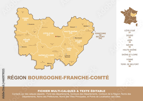 Carte de la région Bourgogne-Franche-Comté, ses départements et ses villes