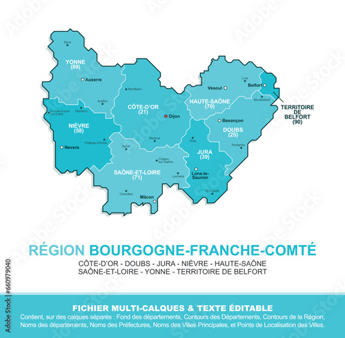 Carte de la région Bourgogne-Franche-Comté, ses départements et ses villes